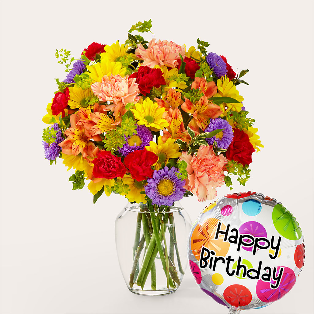 Kaleidoscope Bouquet with Birthday Balloon – LOU GENTILE'S FLOWERS BASKET, Fresno CA