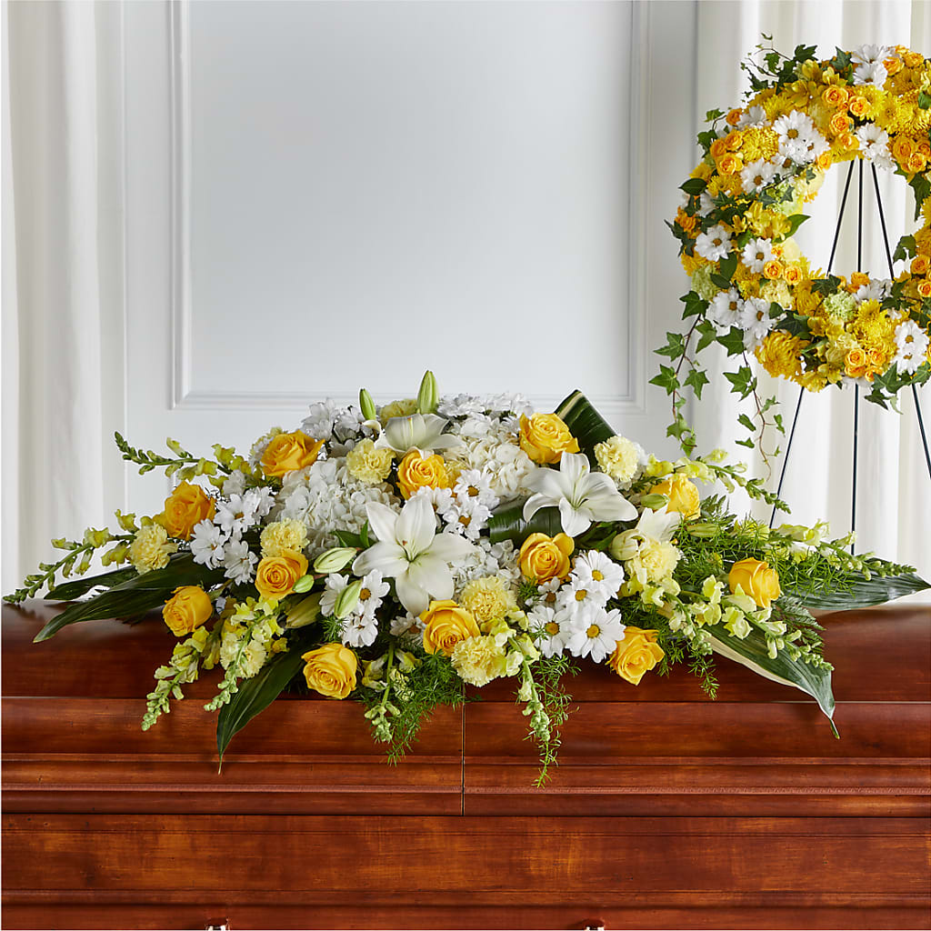 Golden Harmony Casket Spray – LOU GENTILE'S FLOWERS BASKET, Fresno CA