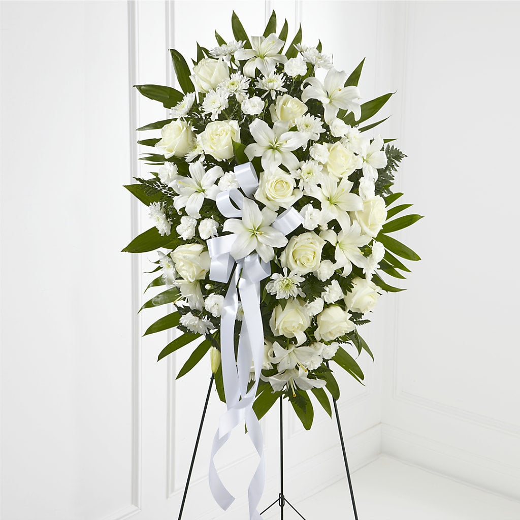 Exquisite Tribute Standing Spray-White Ribbon – LOU GENTILE'S FLOWERS BASKET, Fresno CA